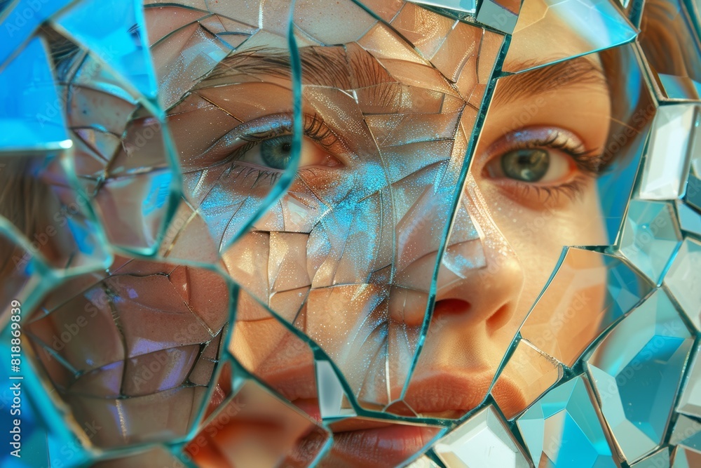 Self-Reflection Concept: Abstract Portrait Using Mirror Shards for Personal Skincare Theme - Design for Poster or Print Self-Reflection Concept: Abstract Portrait Using Mirror Shards for Personal Skincare Theme - Design for Poster or Print