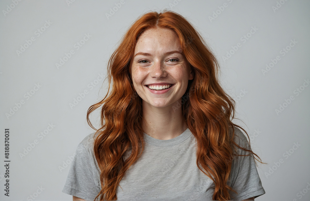 young woman with smiling with long wavy red hair young woman with smiling with long wavy red hair