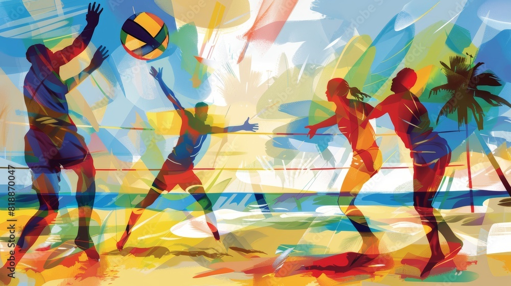 Abstract Illustration of Beach Volleyball Match - Dynamic Summer Sports Art for Modern Galleries and Posters