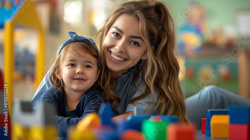 blonde female childcare worker helping and playing with kids, women occupation, ladies at work
