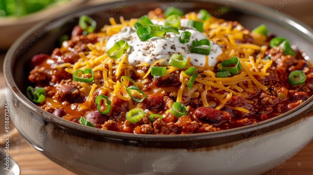 Hearty bowl of chili topped with shredded cheese, sour cream, and chopped green onions Hearty bowl of chili topped with shredded cheese, sour cream, and chopped green onions