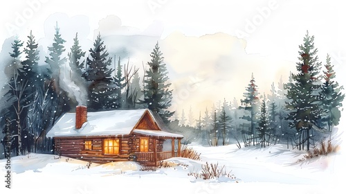 A cozy cabin nestled in a snowy forest. The cabin is made of logs and has a large stone fireplace. The trees are bare, and the snow is thick on the ground. © tarakke