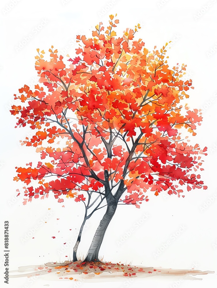 An illustration of a tree with red and orange leaves on a white background. The leaves are falling from the tree. An illustration of a tree with red and orange leaves on a white background. The leaves are falling from the tree.