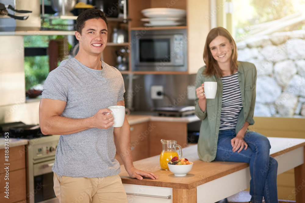 Home, morning and couple with coffee, portrait and break together with happiness and love. Kitchen, tea and man with woman, relationship and romance with cappuccino and emotion support or marriage