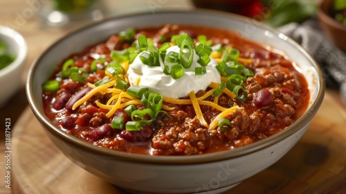 Hearty bowl of chili topped with shredded cheese, sour cream, and chopped green onions