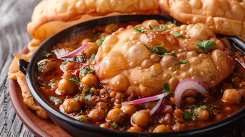 Hearty bowl of chole bhature with fluffy fried bread and spiced chickpeas photo