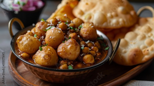Hearty bowl of chole bhature with fluffy fried bread and spiced chickpeas
