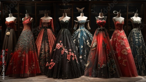 A variety of prom dresses are showcased on display in a boutique, featuring different styles, colors, and designs for customers to browse