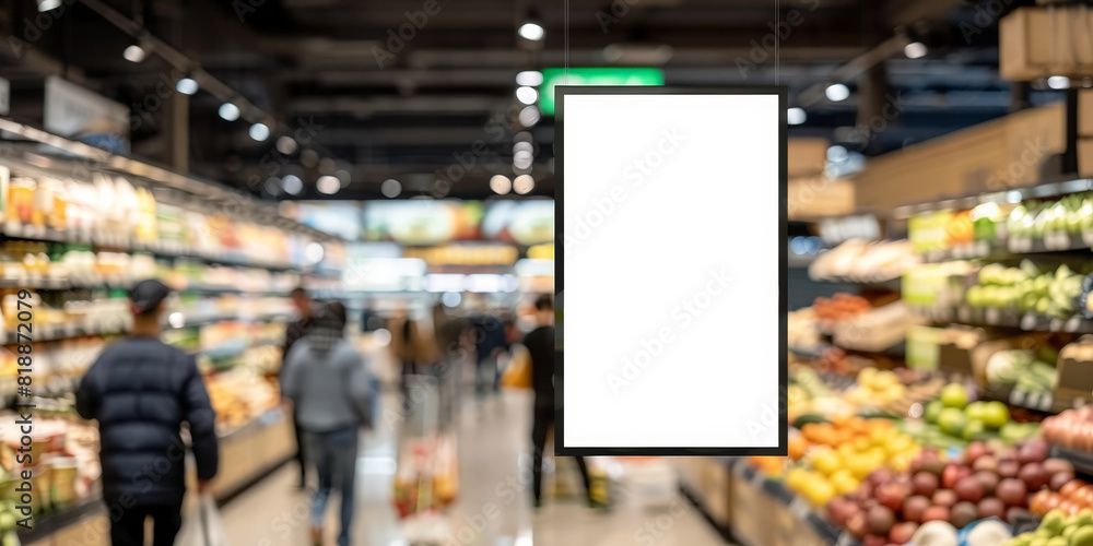 Obraz premium A blank white billboard poster stand on the counter of a bakery with people in background