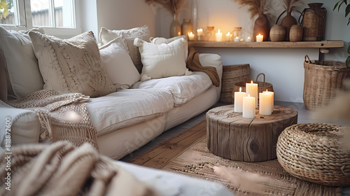 Modern boho interior of living room in cozy apartment. Simple cozy living room interior with white sofa  decorative pillows  wooden table with candles and natural decorations 