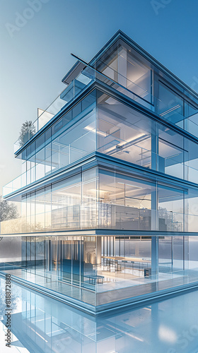 transparent building with three floors side view perspective