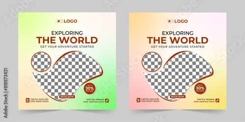 Editable traveling social media post banner and adventure tour holiday tourism marketing promotion advertising banner design template.