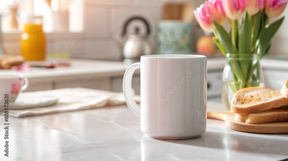 Morning Breakfast Scene with Fresh Bread, Eggs, and Tulips in Sunny Kitchen