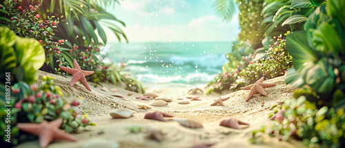 Serene Tropical Beach Scene  Gentle Waves and Soft Bokeh  Palm Leaves in Sunny Daylight