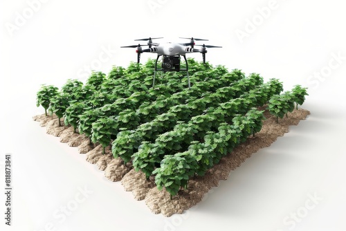 Stock photo sensor for cultivation and drone spraying tools in smart farming with drone crop management in small-scale farm layout.