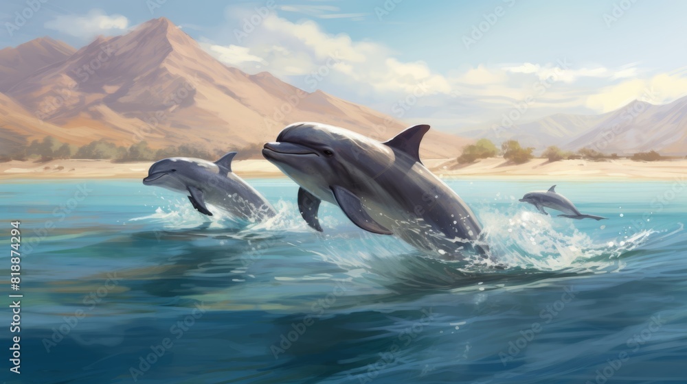 Fototapeta premium Three dolphins joyfully leap out of the clear blue ocean near a mountainous coastline under a sunny sky.