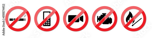 No smoking area, no fire, no cellphone, stop engine restriction ban symbol. Petrol pump safety rules icon set. Warning sign for gas and petroleum in black and white color with shiny effect.