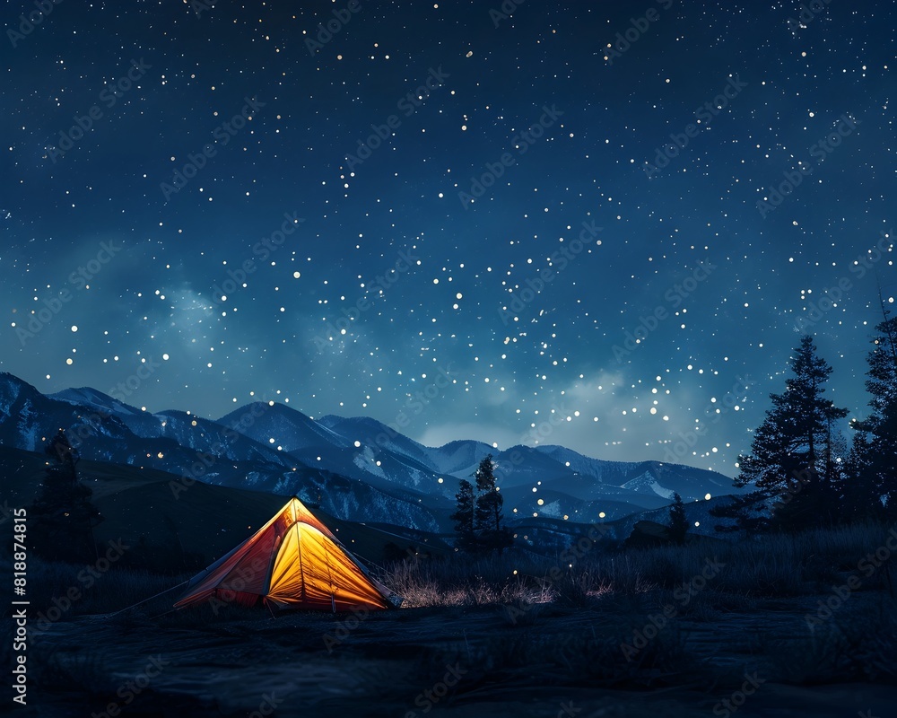 Starlit Camping Adventure in Mountainous Wilderness Backdrop for Outdoor Gear Presentation