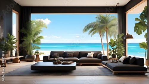 Gorgeous interior design of a home featuring a black living room, a wooden floor, and a window overlooking the ocean, a blue sky, sand beach, and summer breeze. The design is tropical and features gen © Amjad art