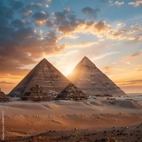 Landscape with ancient egyptian pyramids  beautiful sky and sunset. the concept of ancient history.  isolated on white background  photo  png 