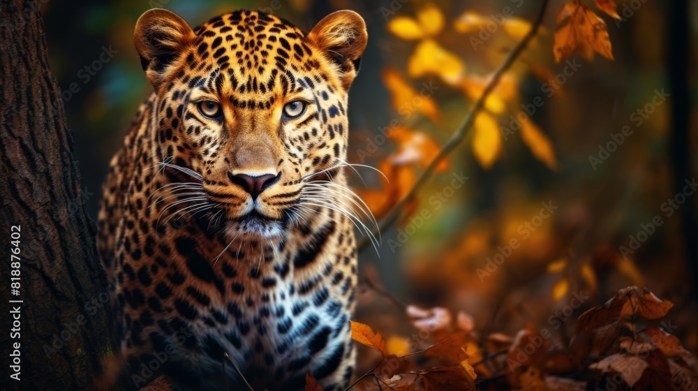 Close-up of a majestic leopard in an autumn forest, with beautiful, vibrant foliage in the background, capturing the essence of wildlife photography. Close-up of a majestic leopard in an autumn forest, with beautiful, vibrant foliage in the background, capturing the essence of wildlife photography.