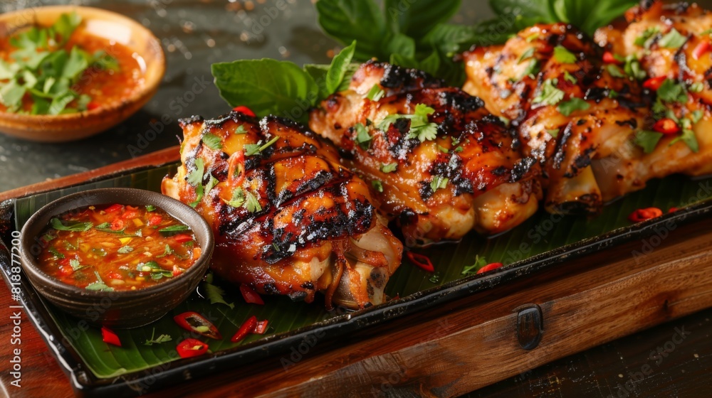 Mouth-watering grilled chicken thighs with a side of tangy dipping sauce Mouth-watering grilled chicken thighs with a side of tangy dipping sauce