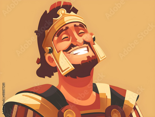 Smiling Historical Mythical Figure in Golden Crown and Armor | Vibrant Cartoon Illustration | Ancient Roman Greek Inspired Art | Bold Warm Colors | Joyful Expression | Stylized Character photo