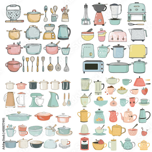 A vintage kitchen illustration featuring cookware, pots, pans, utensils, teapots, blenders, mixers, and retro appliances in a cozy and artistic style.