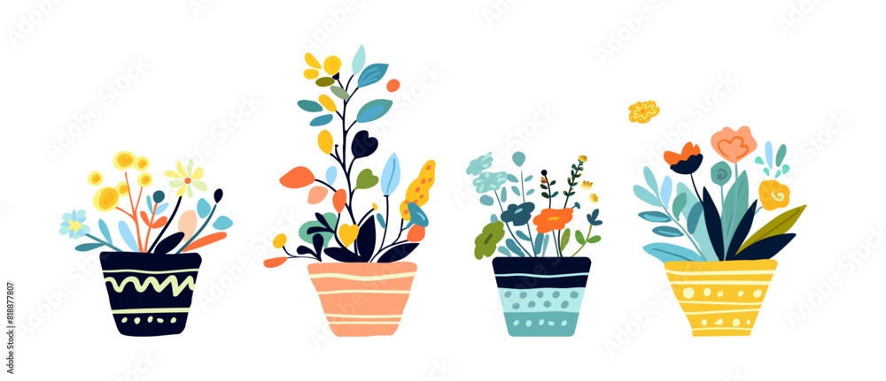 Fototapeta premium Whimsical Potted Plants and Flowers Vector Illustration
