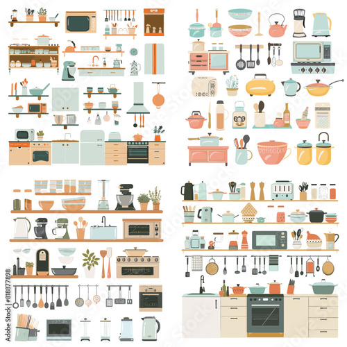 A stylish kitchen illustration featuring modern and vintage cookware, utensils, appliances, shelves, cabinets, and dining essentials in an artistic and cozy design.