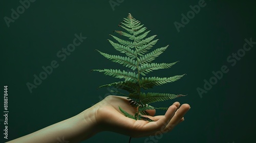 A woman's hand and a fern leaf. environment and earth day photo