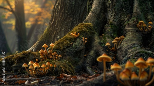 Mushrooms sprouting from the rich soil around the roots of an ancient tree