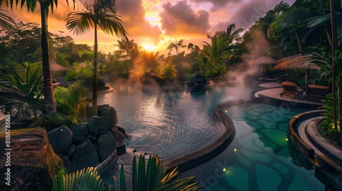 Luxury Spa Resort at Sunset with Outdoor Thermal Pools and Lush Tropical Plants - Ideal for Relaxation and Wellness photo