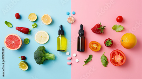 Composition with cosmetic dropper bottles pills and vector