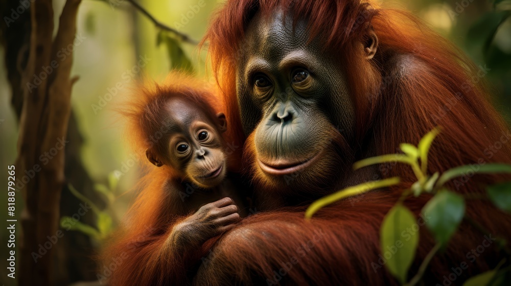 Fototapeta premium A tender moment captured between an adult and baby orangutan in a lush forest, showcasing their bond and natural habitat.