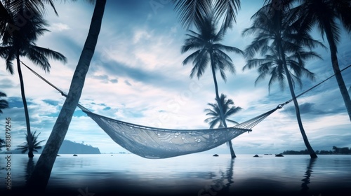 Tranquil beach scene with a hammock strung between palm trees, surrounded by calm ocean waters and a serene evening sky. photo
