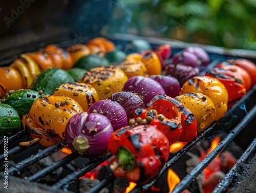 Fresh and vibrant vegetables being grilled in a garden BBQ setting, captured under soft evening light 