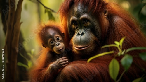 A tender moment captured between an adult and baby orangutan in a lush forest  showcasing their bond and natural habitat.
