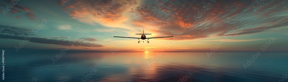 Glider Airplane Soaring Silently Over Tranquil Ocean at Breathtaking Sunrise Glider Airplane Soaring Silently Over Tranquil Ocean at Breathtaking Sunrise