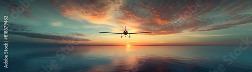 Glider Airplane Soaring Silently Over Tranquil Ocean at Breathtaking Sunrise