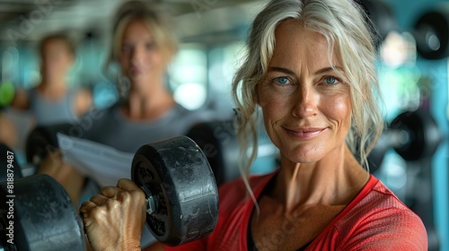 Senior woman lifting weights in the gym