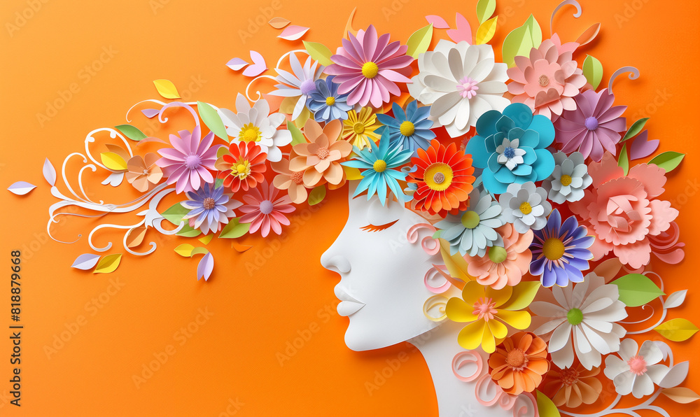 A delicate paper work showing a joyful woman surrounded by colorful flowers, A delicate paper work showing a joyful woman surrounded by colorful flowers,