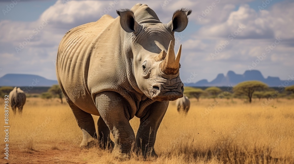 Fototapeta premium Close-up of a majestic white rhinoceros in an African savanna, showcasing its powerful build and natural habitat.