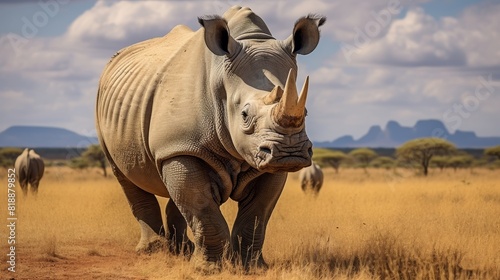 Close-up of a majestic white rhinoceros in an African savanna  showcasing its powerful build and natural habitat.