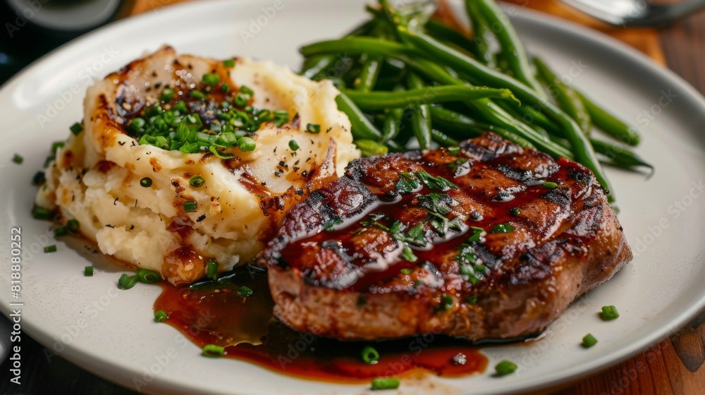 Perfectly cooked pork steak with a side of mashed potatoes and green beans Perfectly cooked pork steak with a side of mashed potatoes and green beans