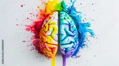 Human brain split into two halves with a vibrant paint splatter effect photo