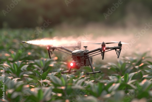 Stock photo sensor for cultivation and drone spraying tools in smart farming with drone crop management in small-scale farm layout.