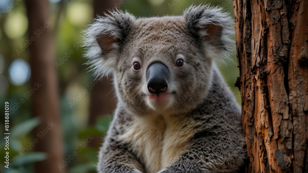 Naklejka premium Sitting Bear Cute Koala On Tree