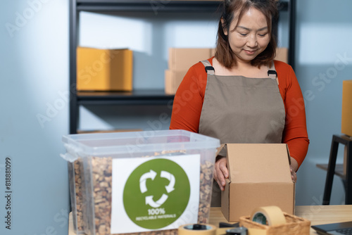 A woman in an apron packs a box using eco-friendly materials in a home-based business, highlighting the sustainable practices of a small business