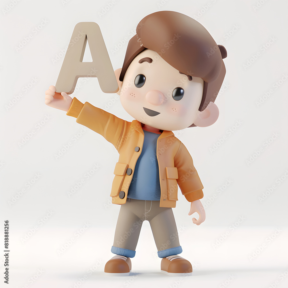 알파벳을 들고 있는 3d 애니메이션 캐릭터